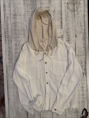 Hem & Thread Cream and Gray Striped Hooded Gauze Top